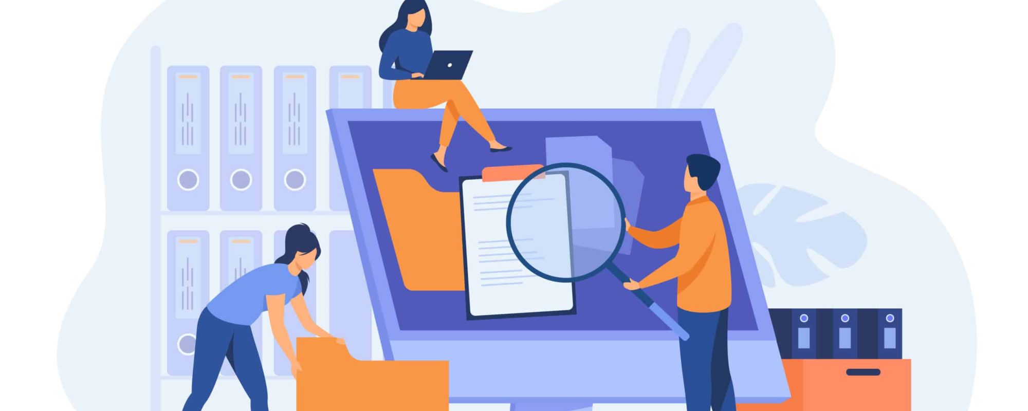 Office workers organizing data storage and file archive on server or computer. PC users searching documents on database. Vector illustration for information technology, source concept